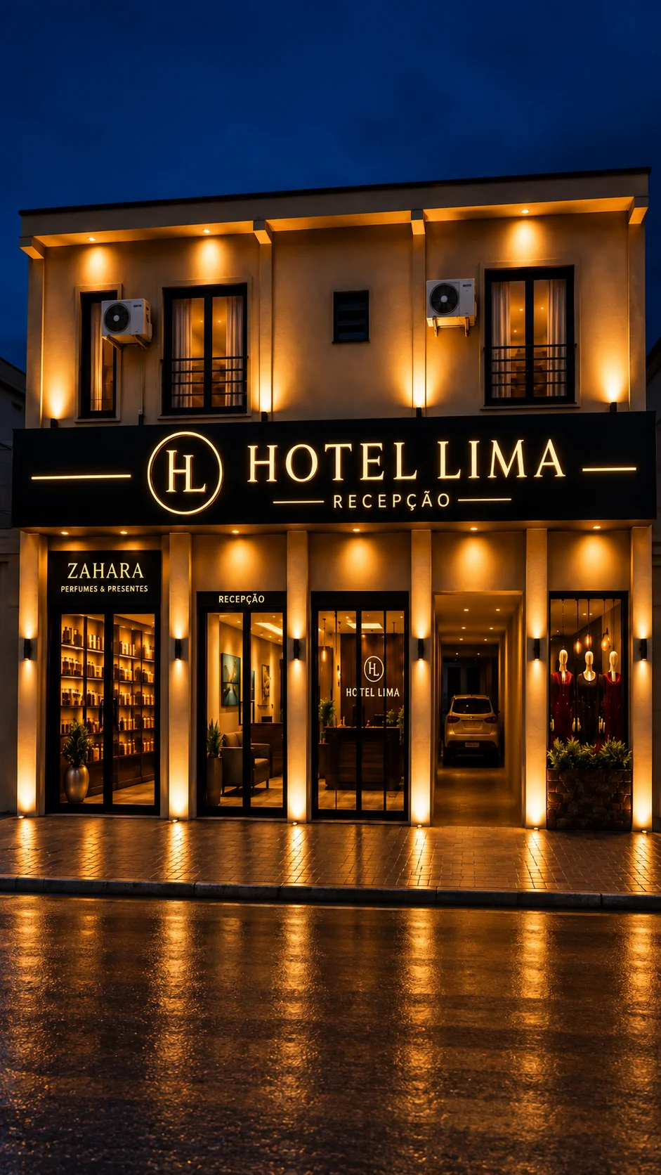 Fachada iluminada do Hotel Lima à noite, com letreiro dourado